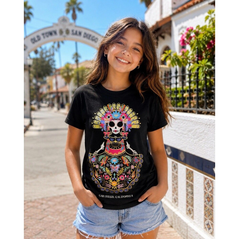 Sugar Skull Catrina San Diego California Graphic T Shirt Youth 14/16 Black